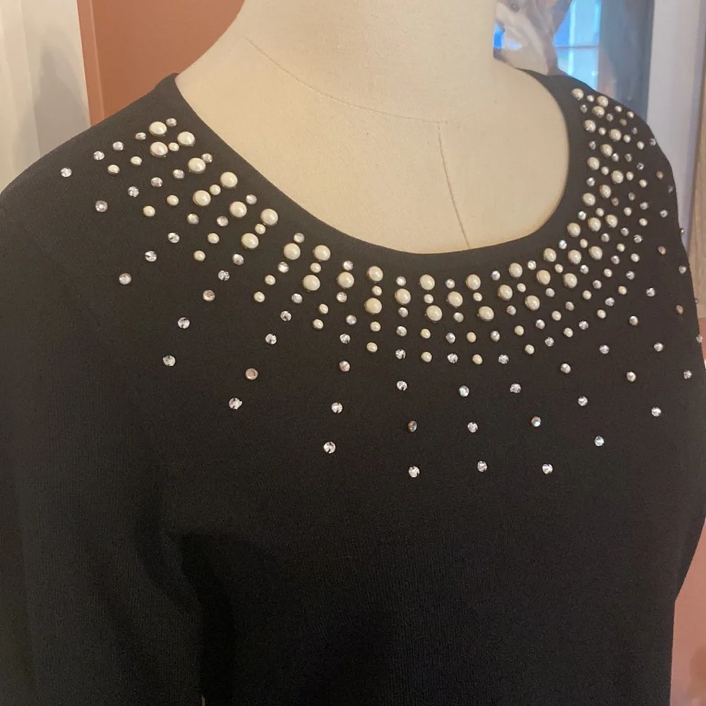 NWT White House Black Market Faux Pearl sparkle Neck LP pullover black sweater
